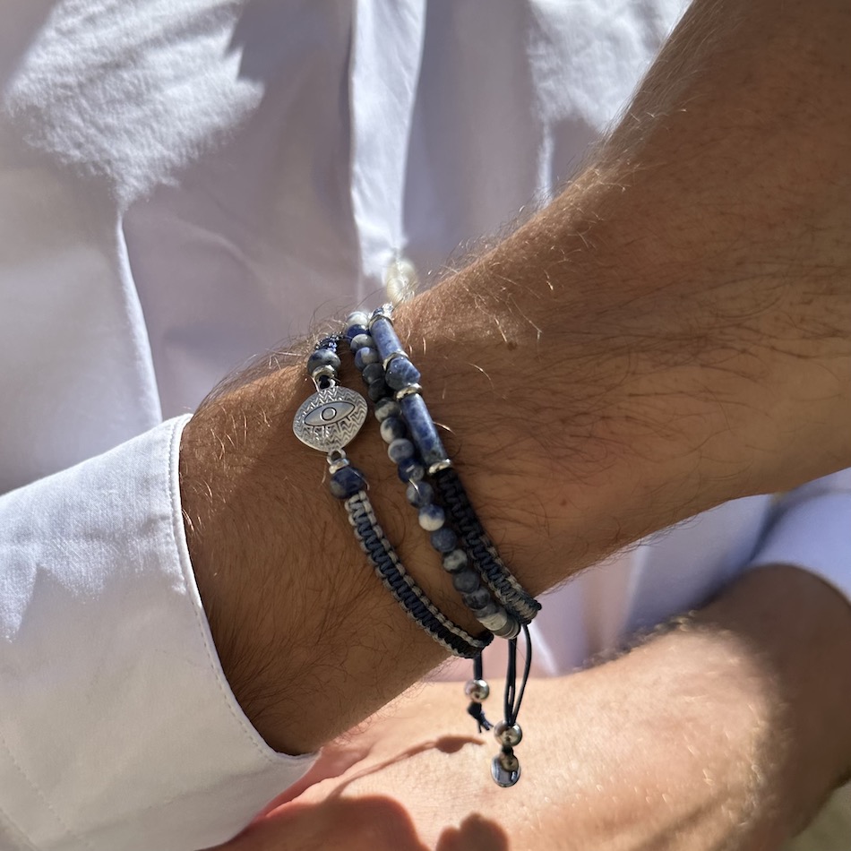 Bracelet homme bleu perles sodalite et argent