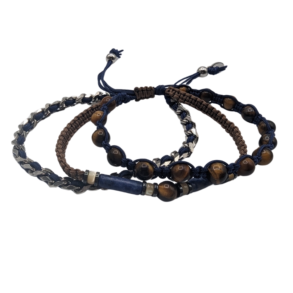 Bracelet-Hugo-homme-triple-marron-bleu-oeildetigre-sodalite