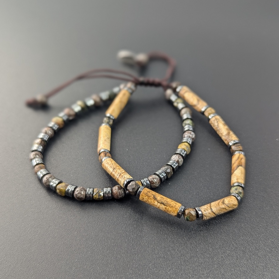 Bracelet-homme -deux- rangs-marron-pierres-naturelles-fabrication-française