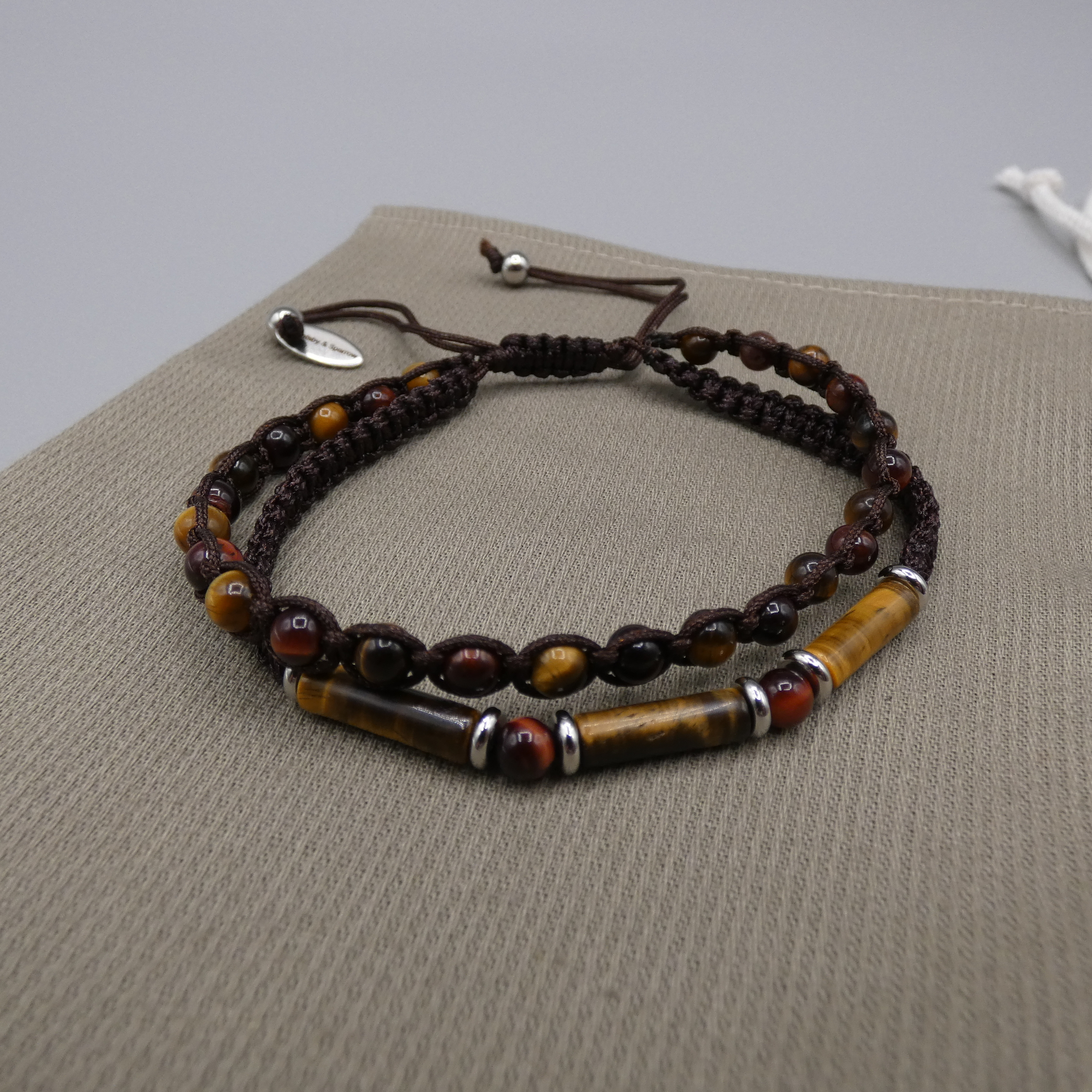 Bracelet homme pierre oeil de taureau oeil de tigre deux rangs