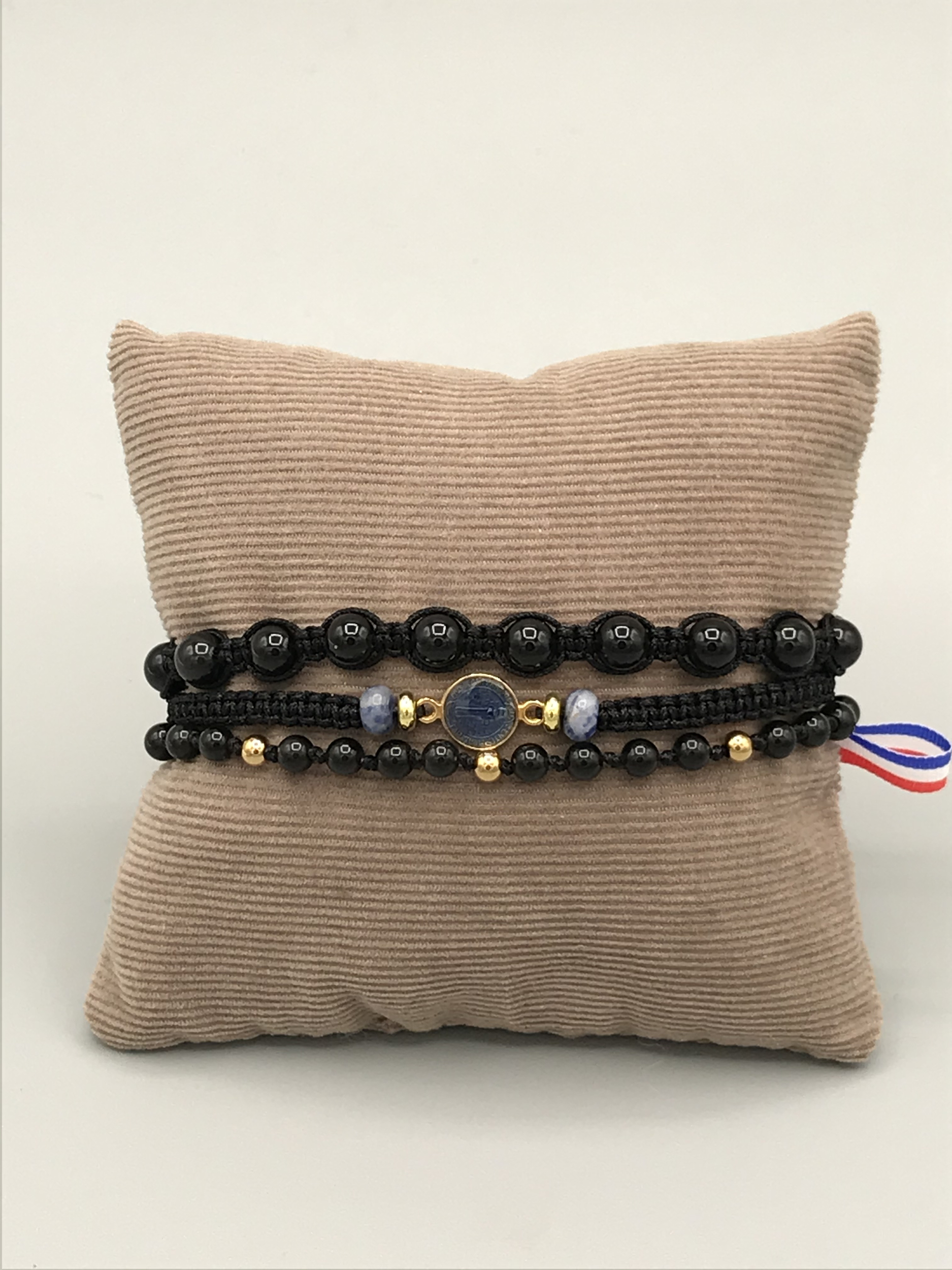 Bracelet homme pierre obsidienne médaille de protection