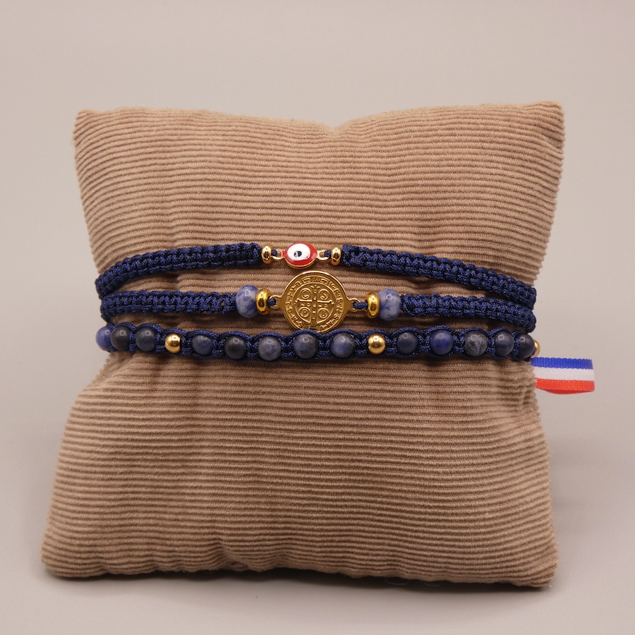 Bracelet homme pierre amulettes bleu et doré