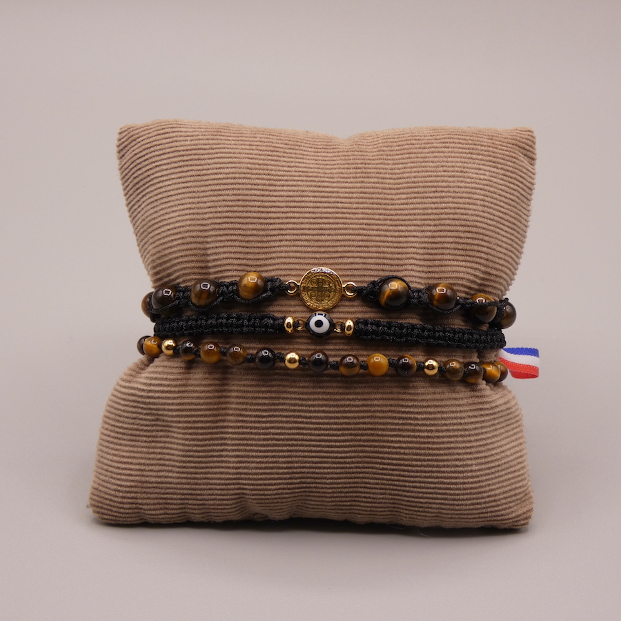 Bracelet homme protection oeil de tigre médaille saint Benoit