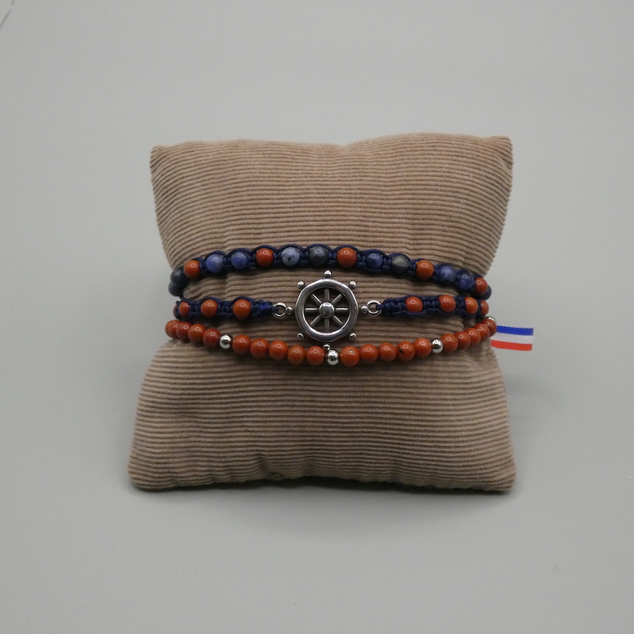 Bracelet homme trois rangs pierre jaspe rouge sodalite