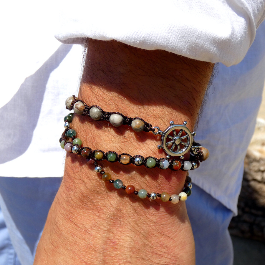 bracelet homme pierre agate trois rangs