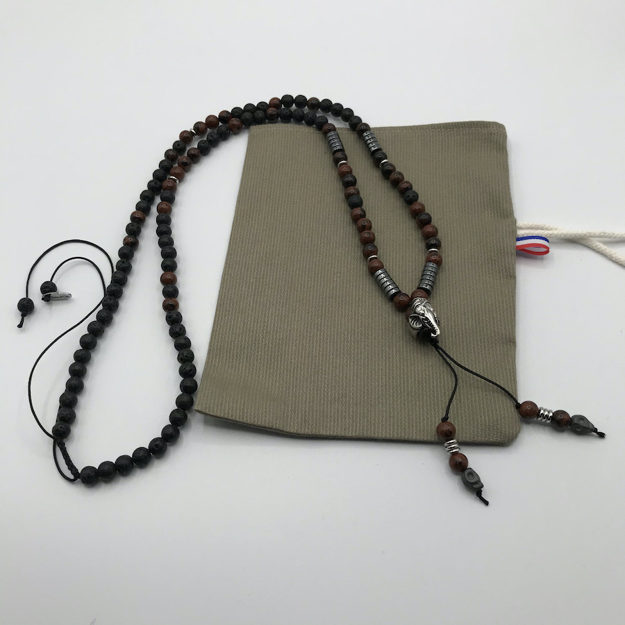 Collier sautoir mala homme pierre obsidienne