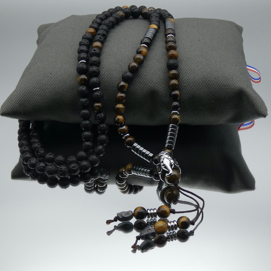 Collier  long homme pierre oeil de tigre pendentif Ganesh