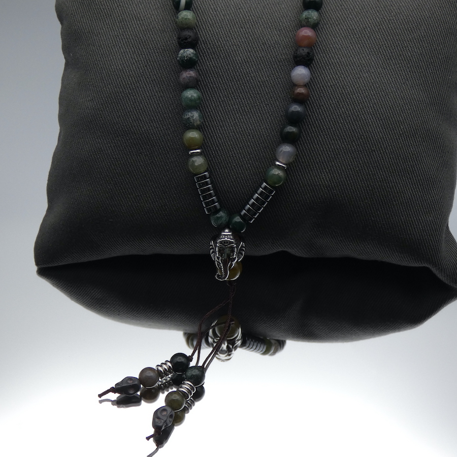 Collier homme Mala pierre agate pendentif Ganesh