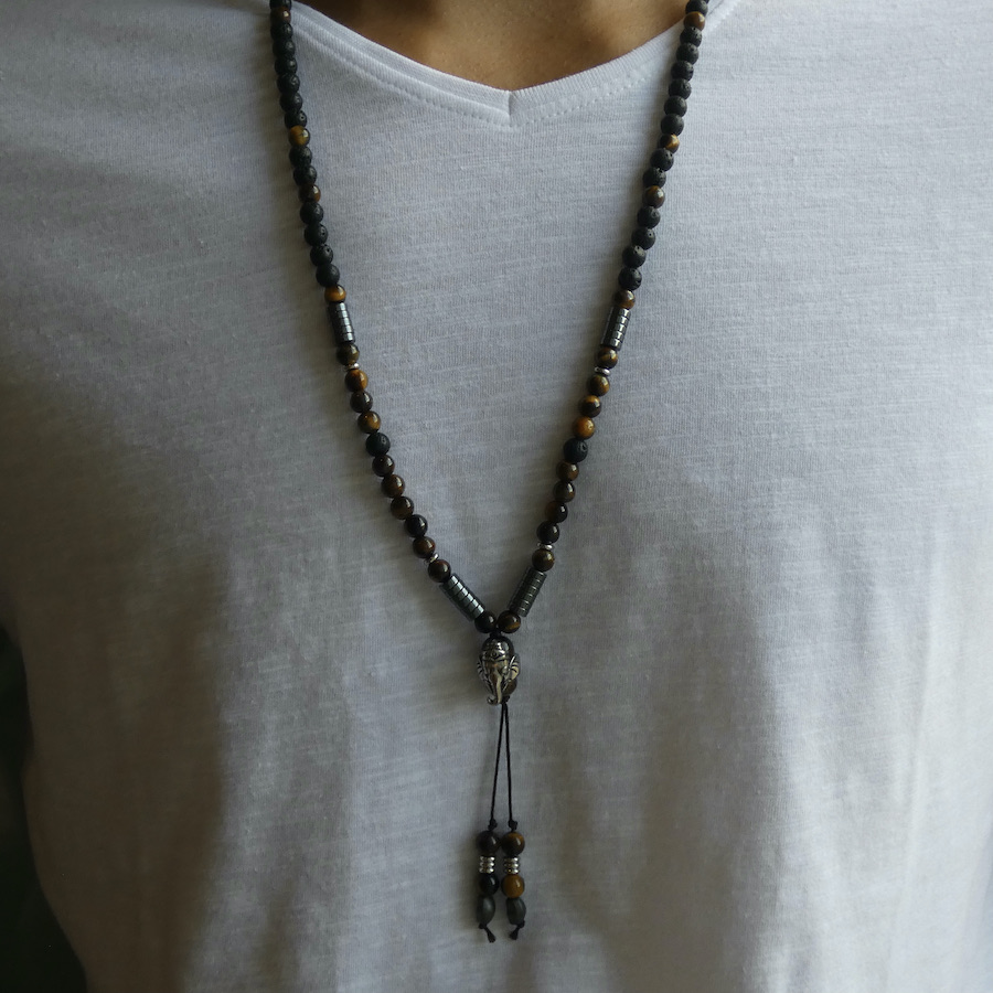 Collier Mala  homme pierre oeil de tigre