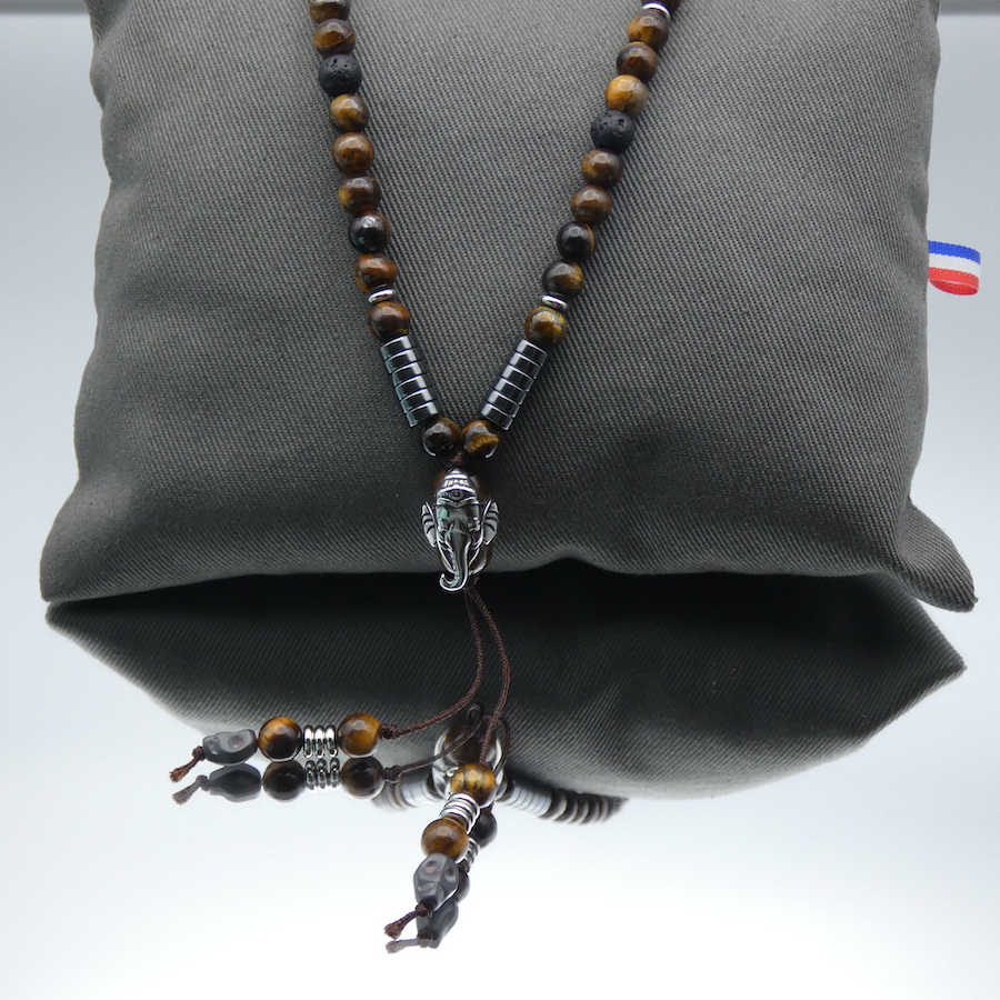 Collier Mala homme pierre oeil de tigre pendentif Ganesh