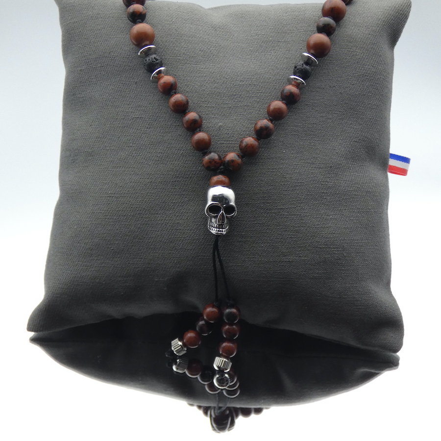 collier homme style rock pierre obsidienne acajou