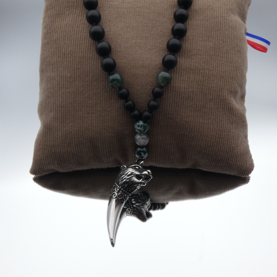 Collier homme pendentif loup et pierre agate