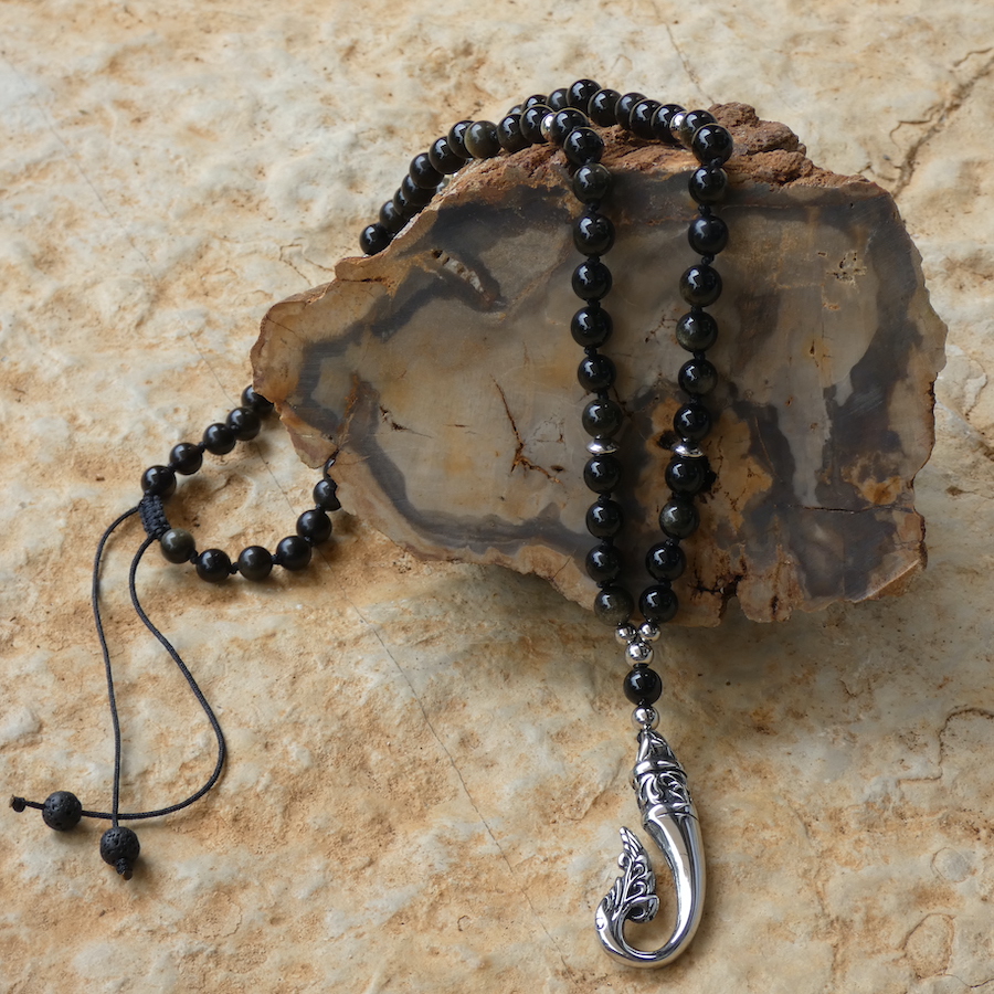 Sautoir collier homme pierre obsidienne