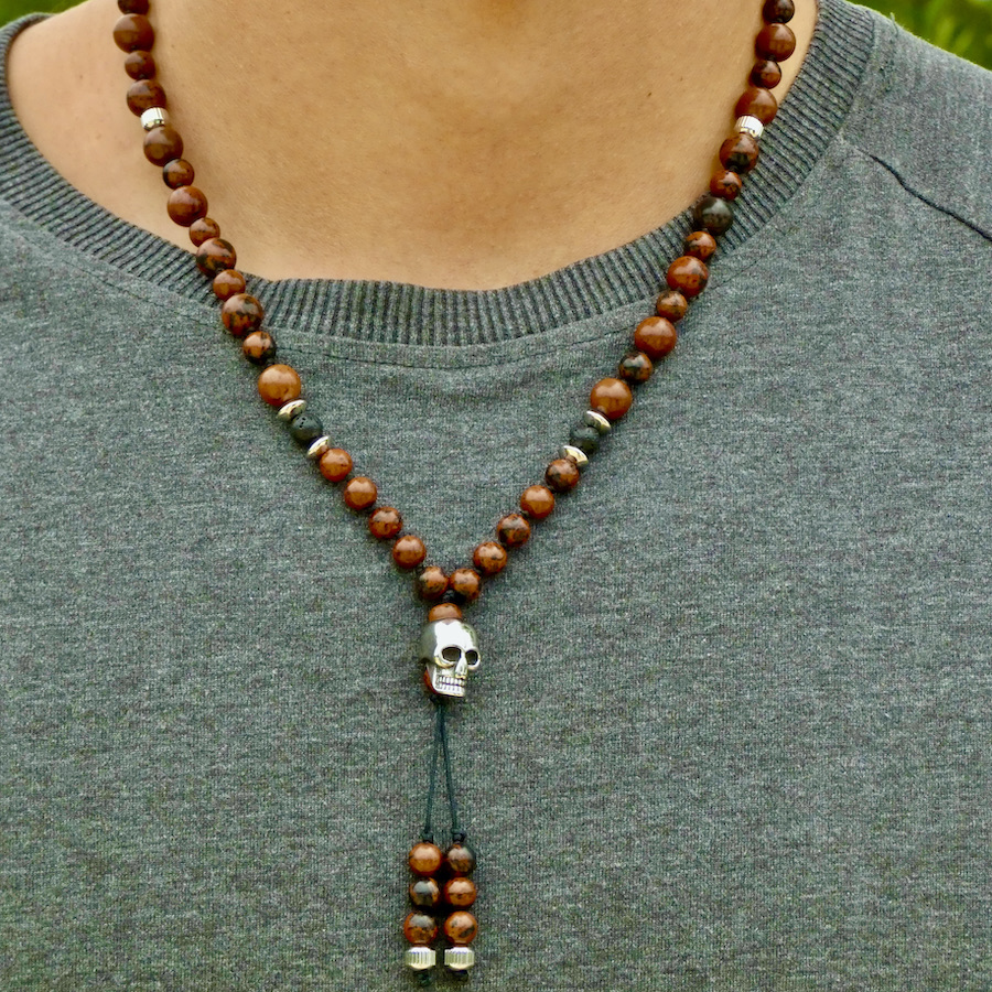collier homme pierre et pendentif crâne