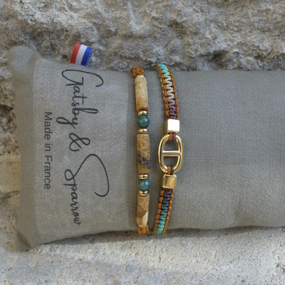 Bracelet-jaspe-homme-deux rangs-doré