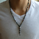 collier homme long pierre naturelle pendentif tête de mort