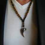 Collier sautoir homme en jaspe et lave pendentif loup