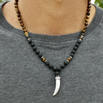 Collier homme pierre de lave oeil de tigre et pendentif dent