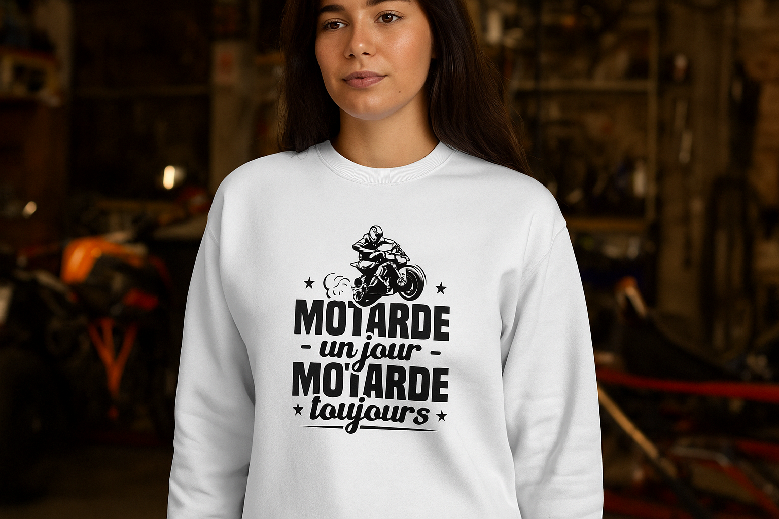 Sweat blanc Motarde un jour motarde toujours