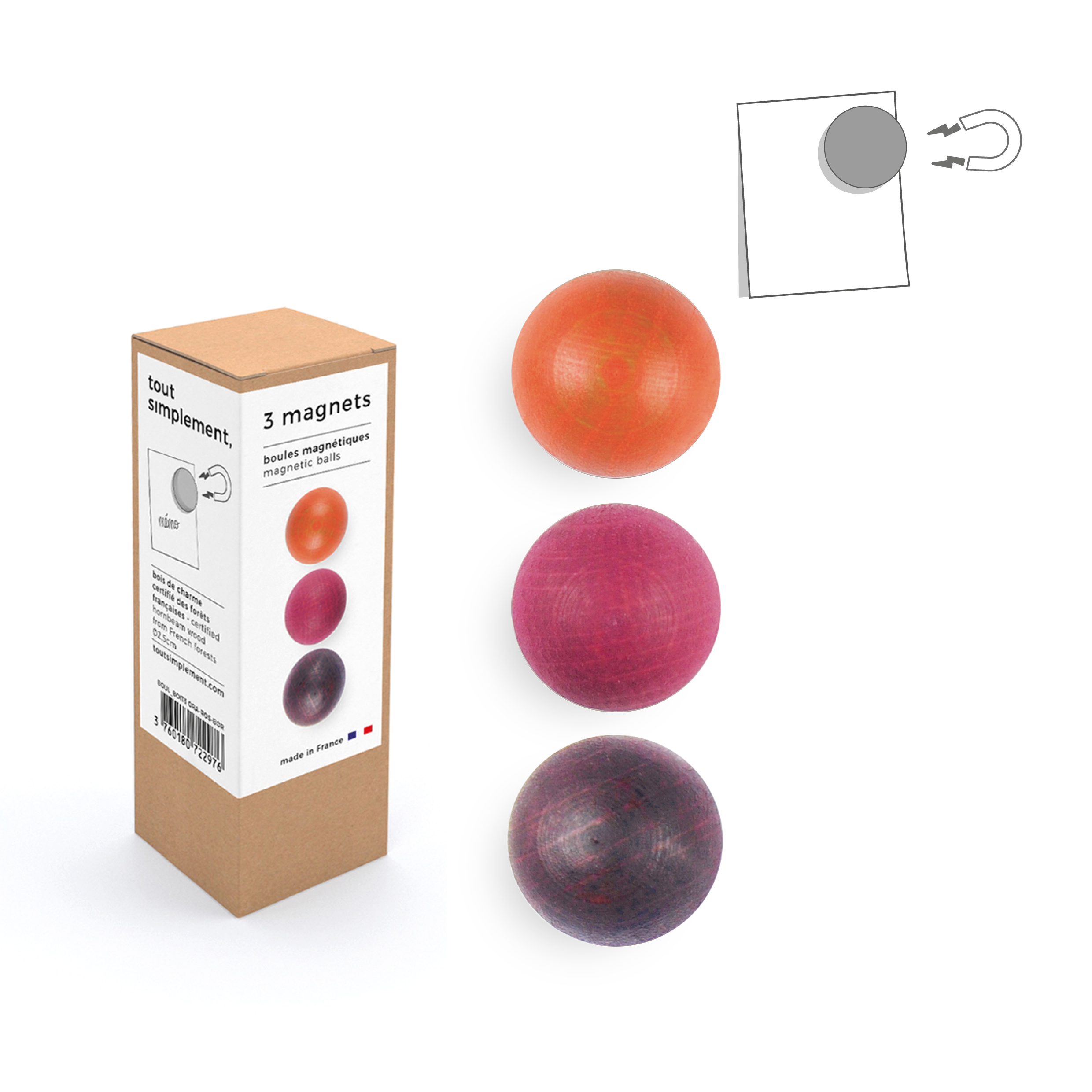 boîte de 3 boules magnétiques en bois - orange/rose/bordeaux