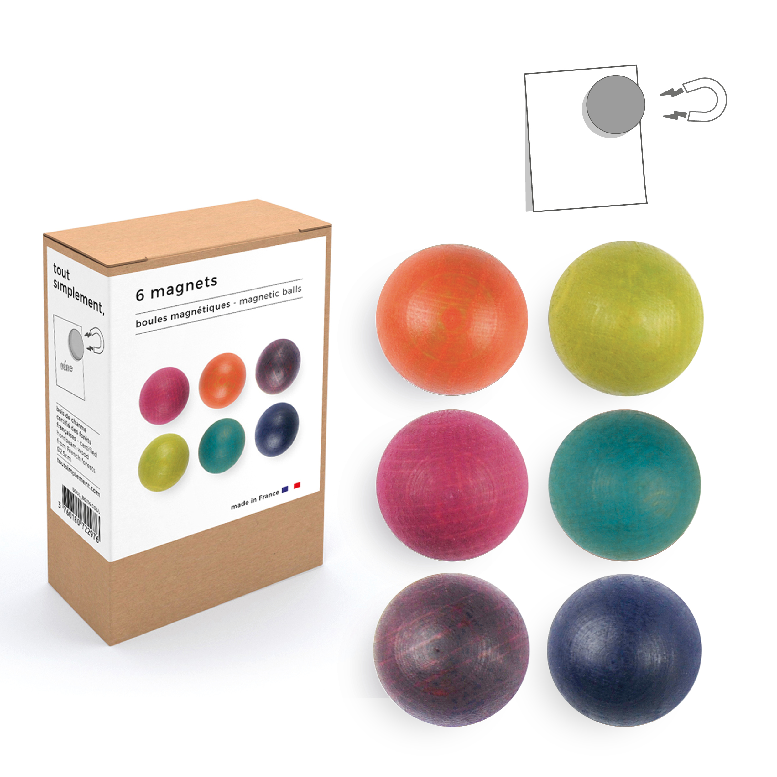 boîte de 6 petites boules magnétiques en bois - couleur