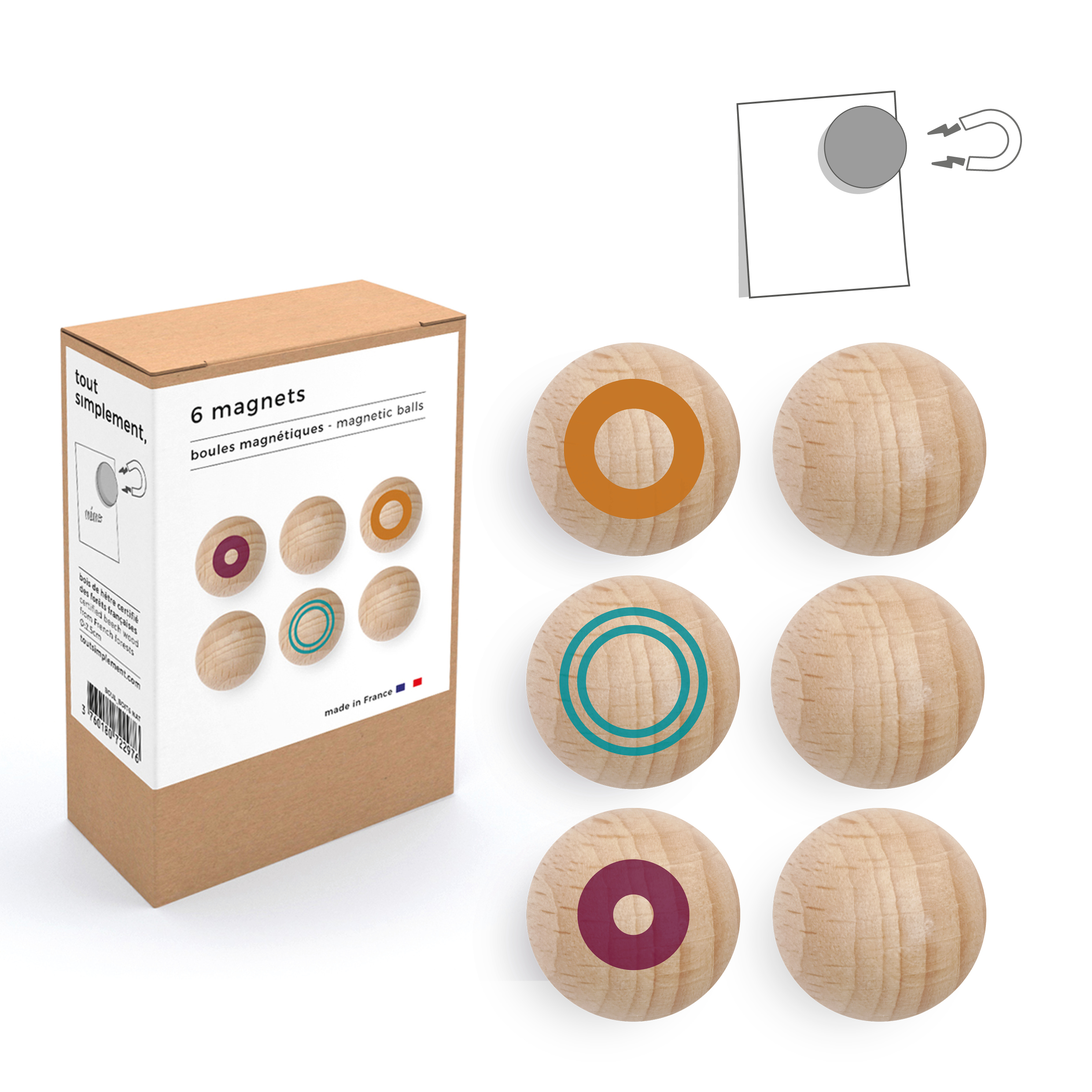 boîte de 6 boules magnétiques en bois - motif couleur