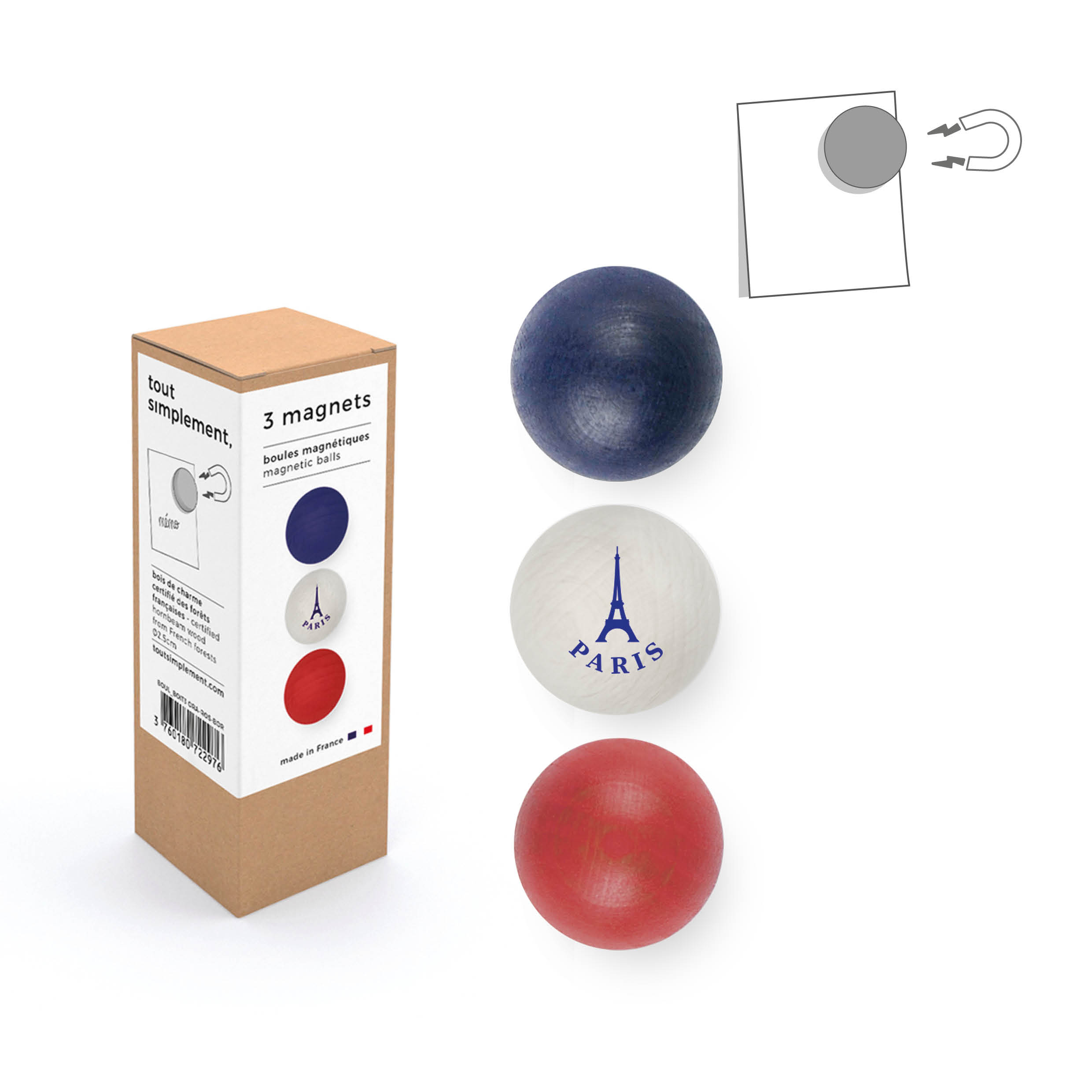 boîte de 3 boules magnétiques en bois - Tour Eiffel bleu/blanc/rouge