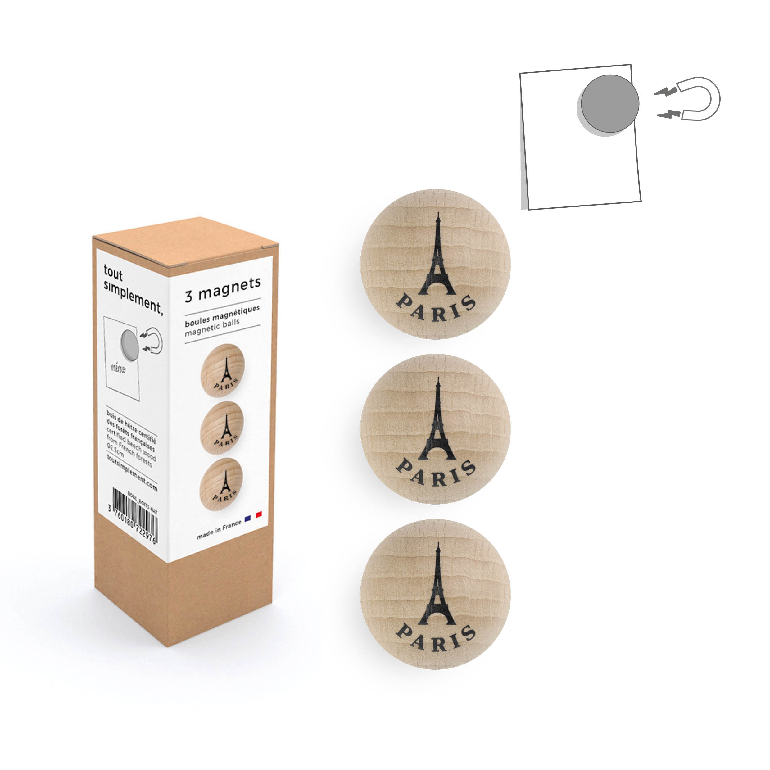 boîte de 3 boules magnétiques en bois - Paris naturel