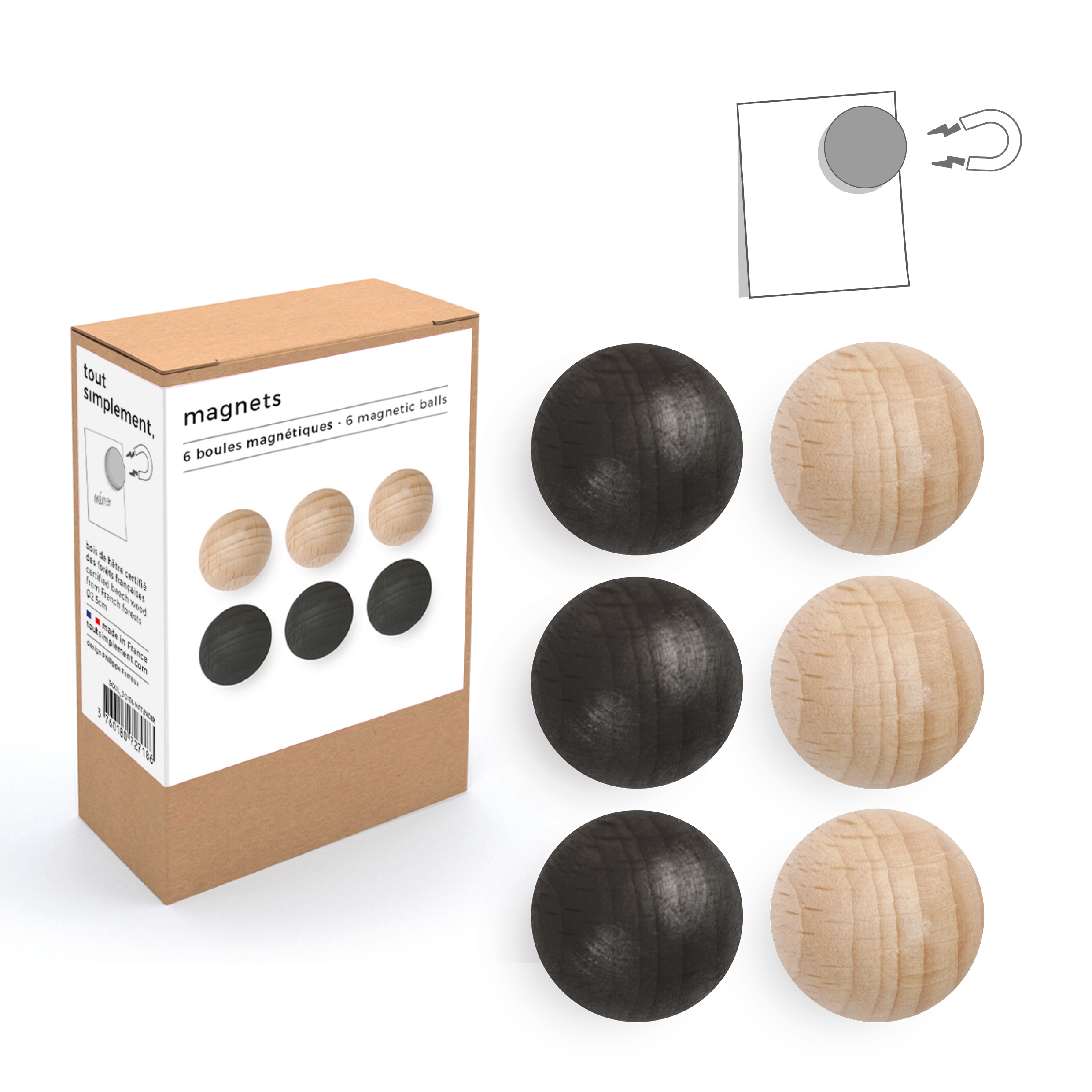 Boîte de 6 petites boules magnétiques en bois - naturel et noir