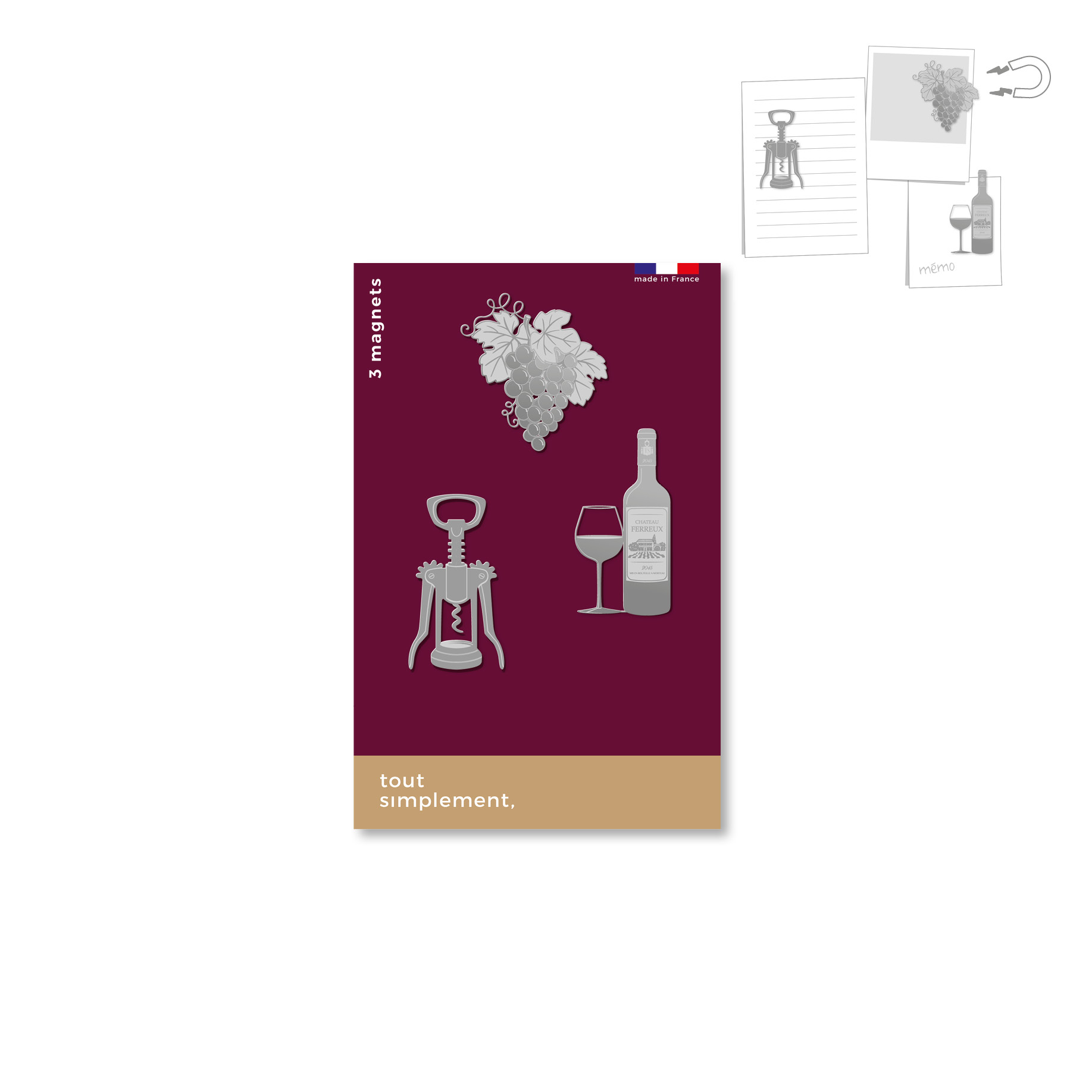 carte de 3 magnets en métal - oenologie Bordeaux