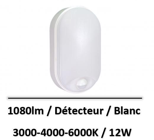 Tibelec - Hublot ovale blanc IP54 12W - D.120 X H.210MM 3000-4000-6500K - Détecteur - 64160010