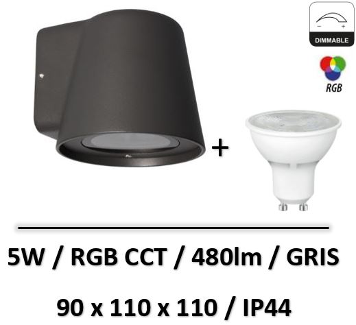 Arlux - APPLIQUE + Ampoule BIDIRECTIONNELLE SPEZIA CARRE 5W/480LM/RGB/GRIS - 117115+14415