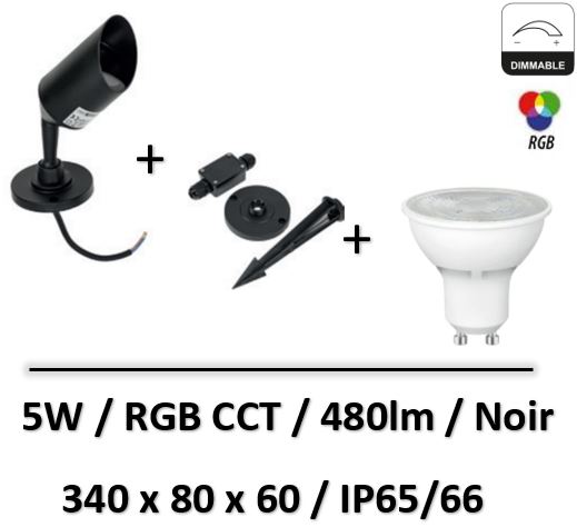 Spectrum - Projecteur piquet + ampoule RGB FLORY GU10/5W/NOIR - SLIP012009+14415