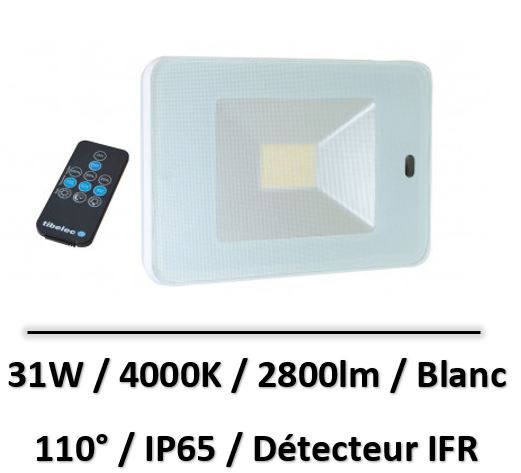 Tibelec - Projecteur LED Blanc IP65 avec détecteur IFR et télécommande 31W - L.180 X H.125MM - 351210