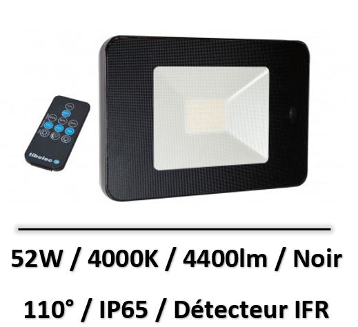 Tibelec - Projecteur LED Noir IP65 avec détecteur IFR et télécommande 52W - L.220 X H.150MM - 351320