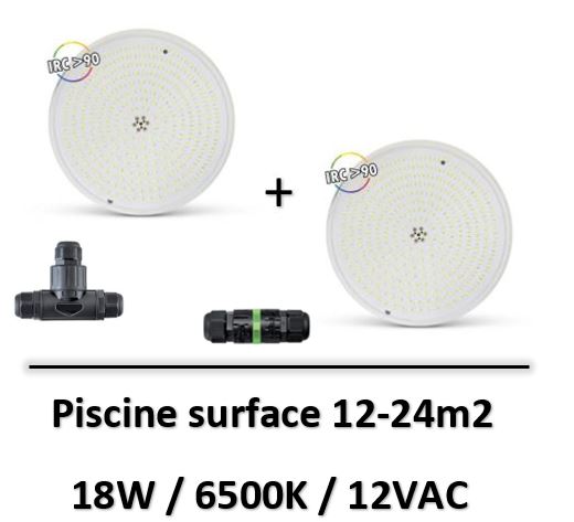 MIIDEX - LOT Piscine 12-24m2 - PROJECTEUR LED PISCINE 12VAC 18W 6500K + connecteur IP68 et T - 6100x2+WP3/L+WP3/DT
