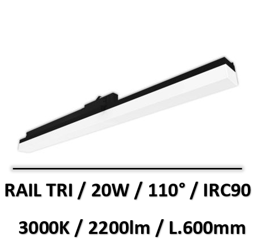 Isoled - Lumière linéaire sur rail triphasé 600mm, 20W, 110°, noir mat ...
