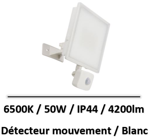 Xanlite - Projecteur LED mural Blanc, détecteur de mouvement Inclus, 50 W, 4200 Lumens - PR50WMDB