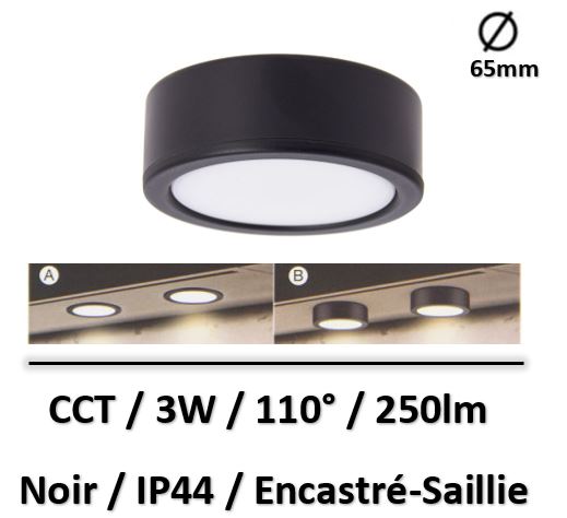 Xanlite - Spot de meuble noir LED IP44, 2 modes de fixation, CCT - ECPKSP250N