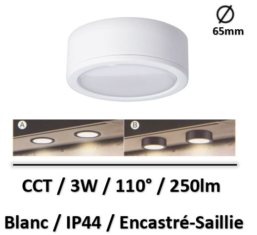 Xanlite - Spot de meuble Blanc LED IP44, 2 modes de fixation, CCT - ECPKSP250B