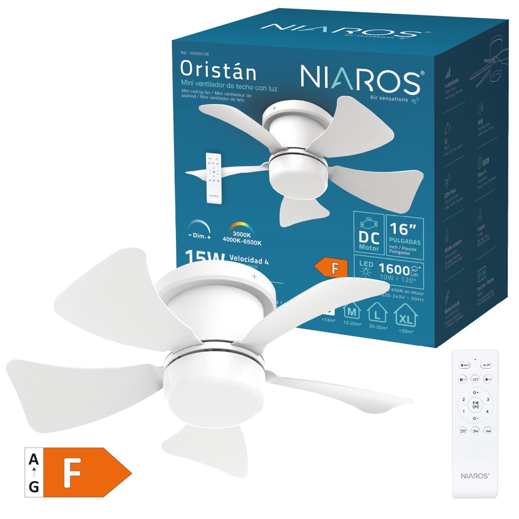 Mini ventilador techo Oristán con luz CCT regulable y mando Ø40 5 aspas DC Blanco