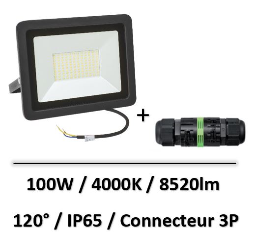 Spectrum - Projecteur 100W Noir - 4000K - 8520lm + connecteur 3P IP68 - SLI029035NW+WP3/L