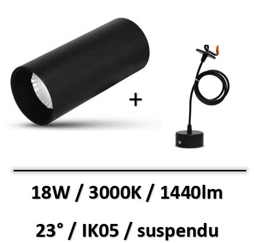 MIIDEX - SPOT LED NOIR IRC90 18W 3000K + support suspendu - 100212+100219