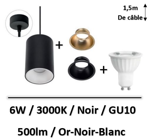 Spectrum - Applique suspendue 1,5m noir + lampe 6W 38° GU10 - SLIP005017_ZWIS+WOJ+14092+SLIP005024+SLIP005022