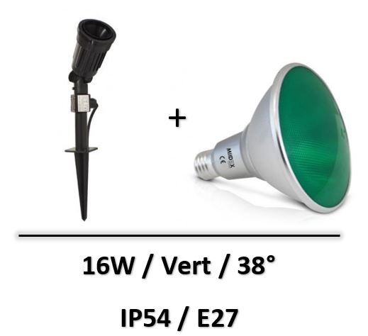 MIIDEX - AMPOULE LED PAR38 16W E27 Vert + piquet de jardin IP54 - 8109+70286