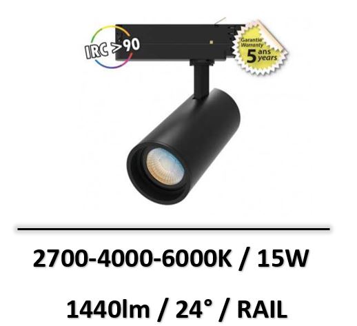 MIIDEX - SPOT LED SUR RAIL NOIR 15W CCT IRC90 GARANTIE 5 ANS - 100202