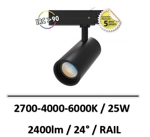 MIIDEX - SPOT LED SUR RAIL NOIR 25W CCT IRC90 GARANTIE 5 ANS - 100204