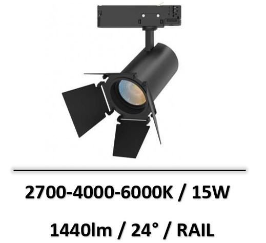 MIIDEX - SPOT LED SUR RAIL NOIR 15W CCT IRC90 GARANTIE 5 ANS - 100202+100300