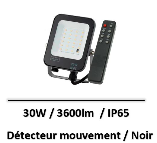 projecteur-led-noir-20W-telecommande-detecteur
