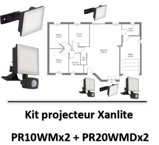 Xanlite - Kit projecteur 10W et 20W avec détecteur LED noir - PR10WMx2+PR20WMDx2